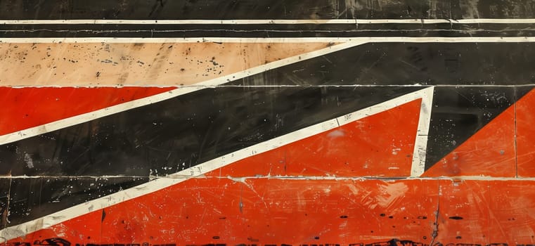 A detailed close up of a British flag displayed on a wooden wall, featuring vibrant colors and intricate line work in a symmetrical triangle and rectangle design