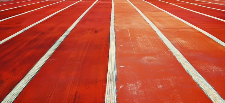 A hardwood track with red and white lines for track and field athletics. The parallel lines on the wood flooring resemble a traditional asphalt track, adding a unique touch to sports events