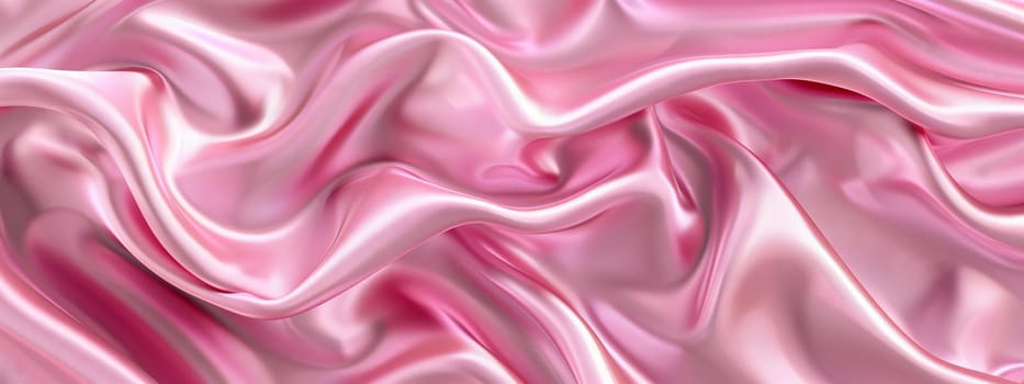 A detailed closeup of a vibrant pink satin fabric featuring waves, creating a mesmerizing pattern reminiscent of liquid petals in shades of violet and magenta