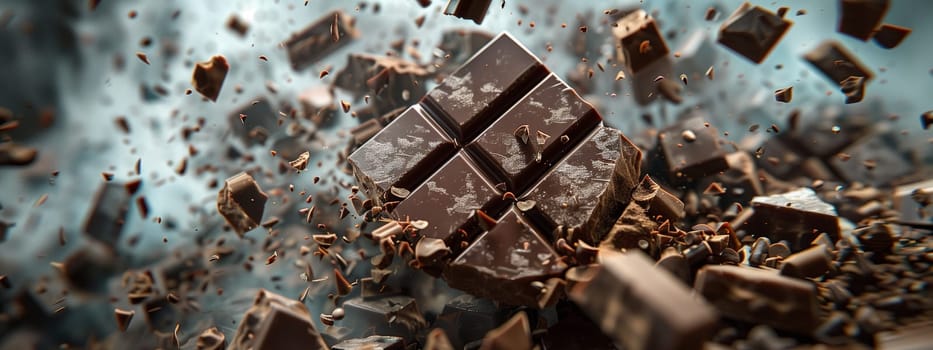 The bar of chocolate is being smashed into pieces on the soil, creating a messy pattern on the grass next to a plant and a rock