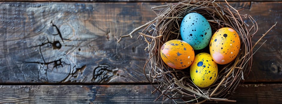 Four Easter eggs, decorated with intricate designs, sit in a nest on a wooden table. The eggs are adorned like pieces of art, each a unique fashion accessory in anticipation of the Easter event