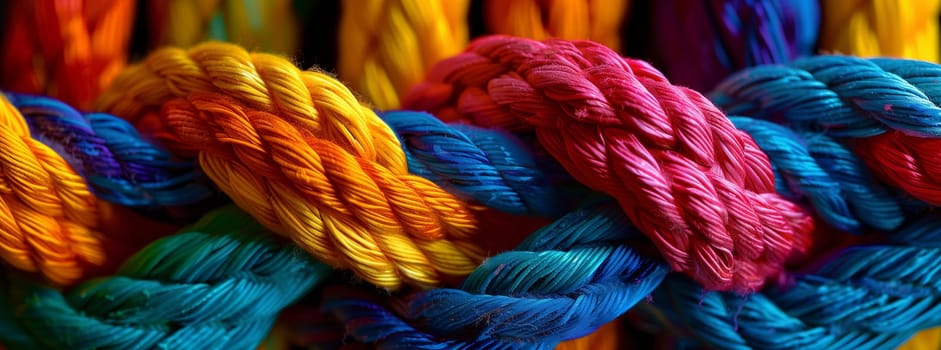 A closeup of a vibrant bunch of purple, magenta, and electric blue yarn, showcasing a beautiful pattern. This woolen fiber art is perfect for a fashion accessory or event decoration