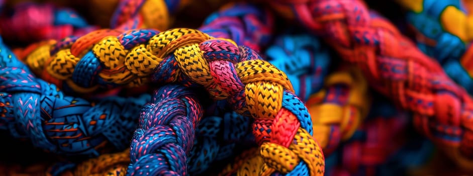 A closeup of colorful textile ropes in purple, magenta, and electric blue, showcasing a creative arts pattern like an organism made of woolen material. Perfect for an artsy event or art project