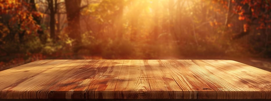 A hardwood table sits amidst a natural landscape, with amber tints shining through the trees. The wood flooring blends with the horizons shades
