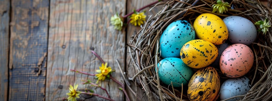A beautiful nest made of twigs filled with vibrant Easter eggs sits on a wooden table surrounded by green grass. Electric blue eggs add a pop of color to the natural materials