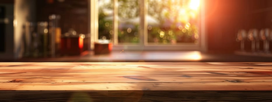 A wooden table sits in the foreground with a window in the background, showcasing a beautiful view of the building and a lush green plant