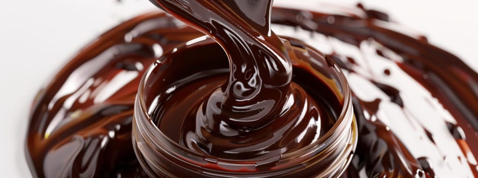 Chocolate is a decadent ingredient being poured into a glass on a white surface, creating a luxurious dessert art. The rich cocoa color contrasts beautifully with the clean background