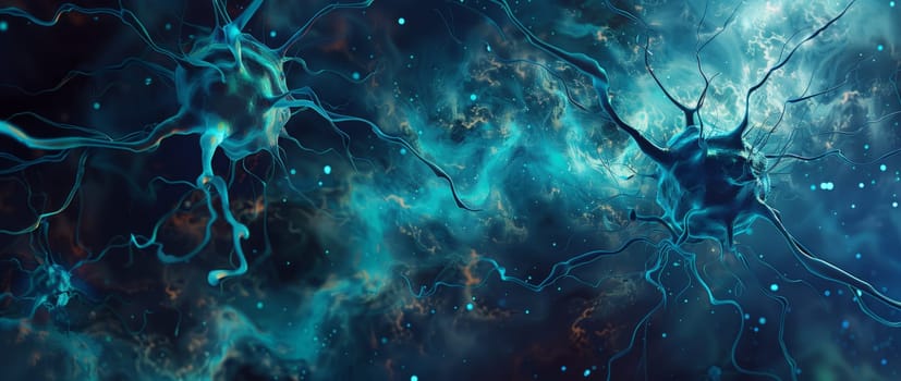 A computer generated image of a neuron in the brain with electric blue patterns, set against a dark underwater backdrop. It blends science and art using natural materials, resembling a sky font