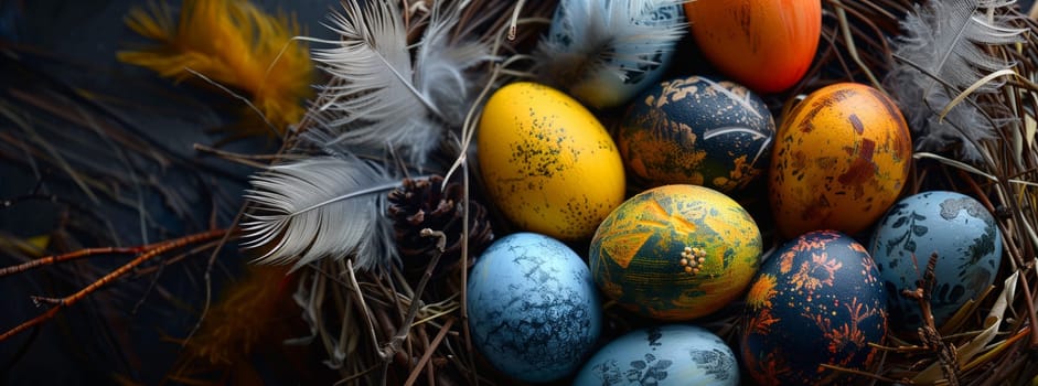 A nest made of natural materials filled with colorful Easter eggs, feathers, and electric blue fruit decorations, creating a festive and vibrant display for the event