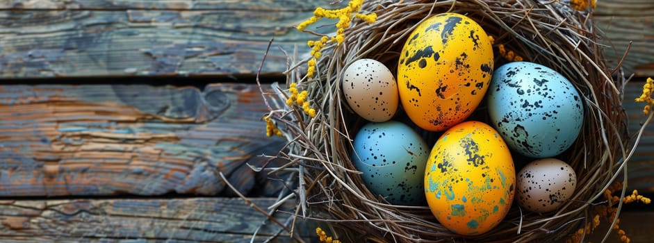 A still life photography of a nest filled with colorful Easter eggs displayed on a wooden table. The scene includes terrestrial plants, twigs, grass, and natural foods