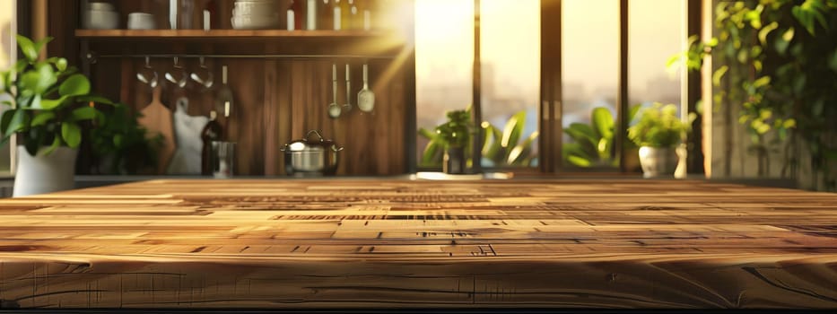 A wooden table sits in the foreground, with a kitchen visible in the background. The wood stain on the table matches the hardwood flooring