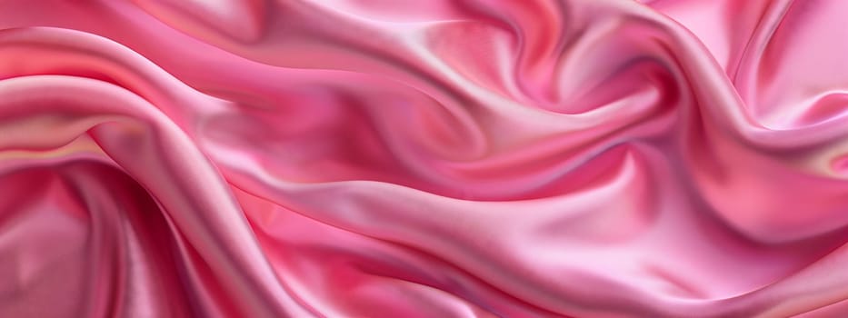 A closeup of a vibrant pink satin fabric with rippling waves resembling a blooming flower. The pattern contains shades of purple, magenta, and electric blue, creating a stunning work of art