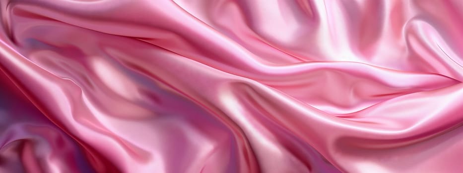 A detailed closeup showcasing a vibrant pink satin fabric with a soft sheen, revealing intricate patterns resembling delicate petals in shades of magenta and violet