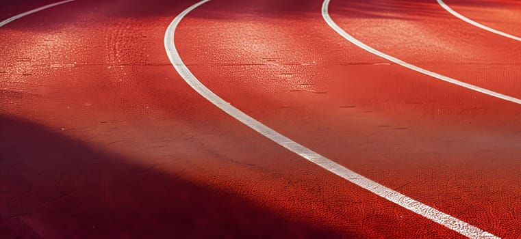 A detailed closeup of a vibrant red track with crisp white lines on the glossy asphalt surface, creating a dynamic visual contrast