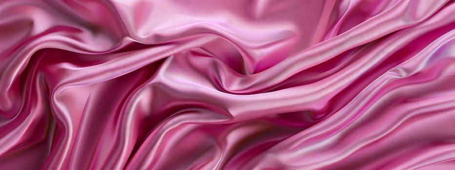 A detailed shot of a vibrant magenta satin fabric, showcasing its intricate pattern and luxurious texture. The liquidlike sheen of the fabric reflects shades of purple, pink, violet, and peach