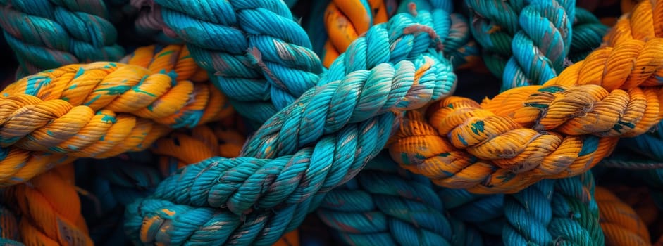 An artistic macro photography shot showcasing a vibrant pattern of colorful woolen ropes woven together, including electric blue fibers