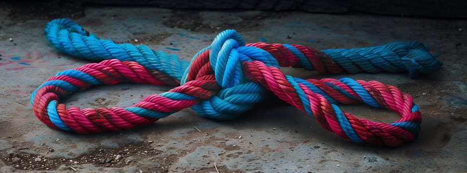 A pattern of Aqua, Magenta, and Electric Blue ropes tied in a knot on the ground. The vibrant tints and shades create a stylish fashion accessory perfect for any event