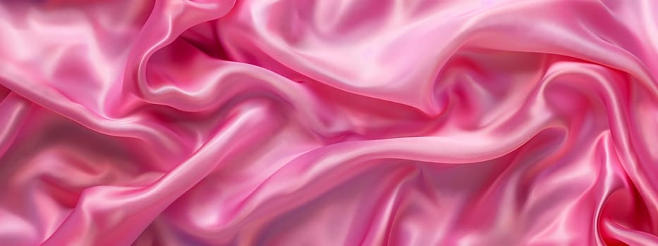 A closeup of a vibrant pink satin fabric with a luxurious sheen, showcasing intricate patterns resembling delicate petals in shades of magenta and violet