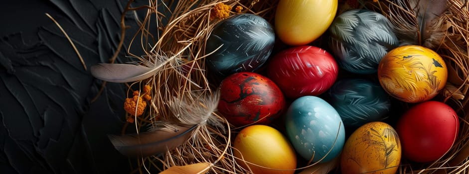 A nest containing electric blue easter eggs and feathers made of natural materials. The colorful pattern creates a festive and fun event decoration