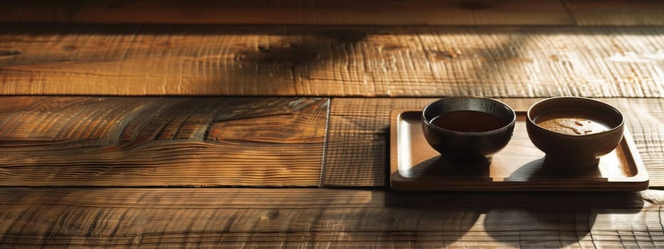 Two cups of coffee sit on a wooden tray placed on a hardwood table, blending seamlessly with the wood flooring. The warm tones of the wood stain complement the metal accents in the room