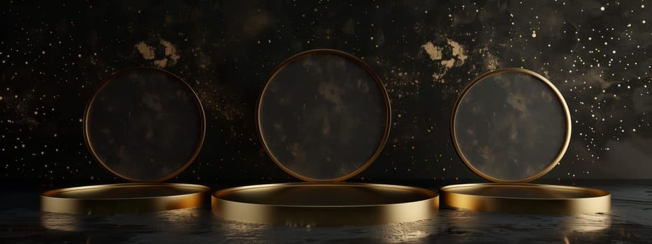 Three circular gold rings are elegantly displayed on a sleek black surface, resembling exquisite drinkware or tableware accessories