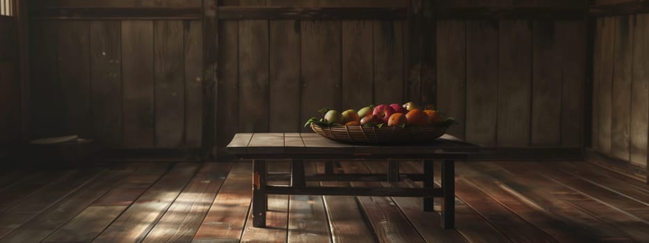 A hardwood table with a vibrant bowl of fruit sits elegantly in a dimly lit room. The contrast between the wood and the colorful fruits creates a serene atmosphere