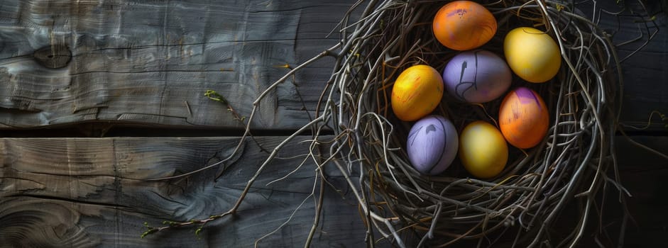 A springthemed still life photography of a bird nest with colorful Easter eggs resting on a wooden table, surrounded by natural materials like twigs and grass