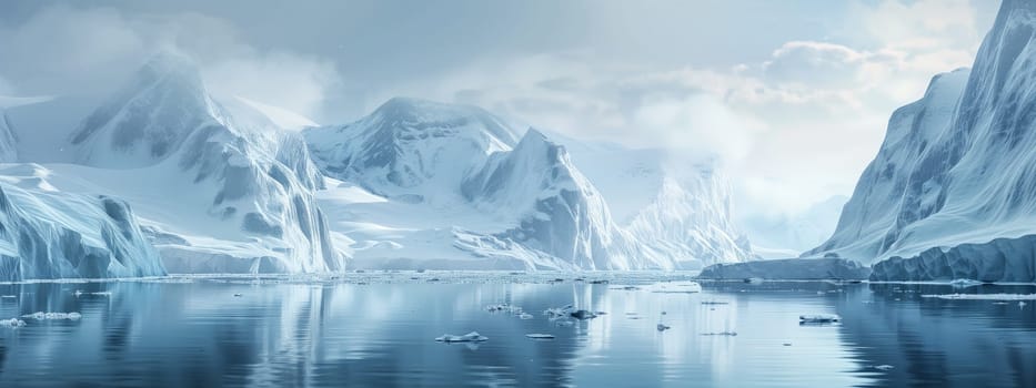 A natural landscape painting depicting a frozen lake surrounded by snowcovered mountains, with a cloudy sky overhead creating a serene atmosphere