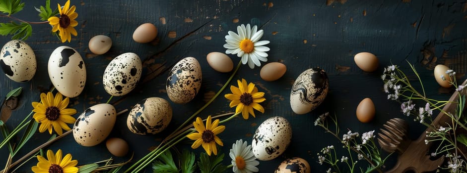 Quail eggs and sunflowers elegantly displayed on a dark background, creating a stunning contrast of colors. The combination of delicate petals and terrestrial plants evokes a sense of art and beauty