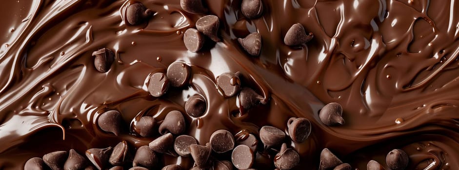A detailed shot of a chocolatecoated surface decorated with chocolate chips, resembling a piece of art with its intricate textures and patterns