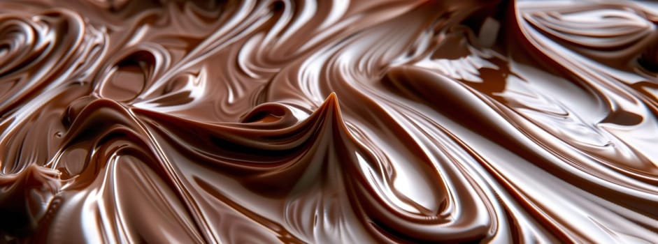 A closeup shot of a chocolate swirl on a wooden table, resembling a beautiful pattern. The swirl is intricately designed, almost like a piece of art