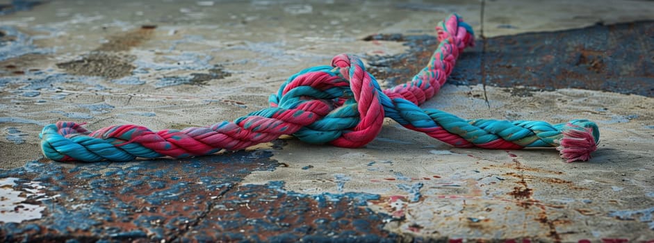 A red and blue rope knot on concrete surface resembling an art piece. The vibrant colors contrast against the grey asphalt, creating a visually striking image