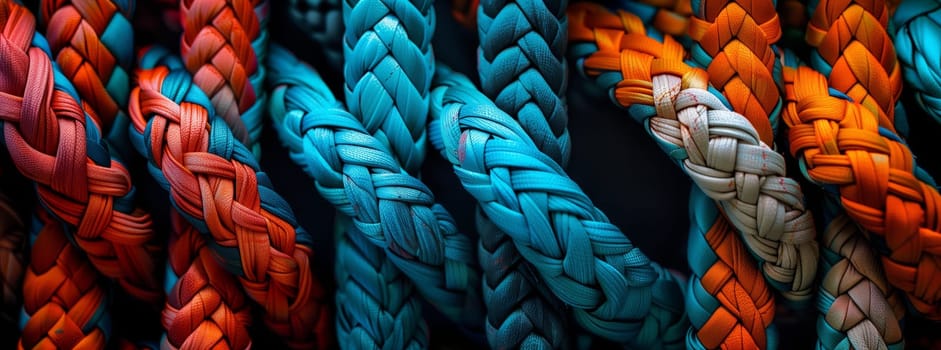 A closeup of vibrant textile ropes in electric blue, magenta, and other colors, creating a beautiful pattern. Perfect for an art event or fashion accessory