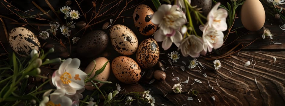 Quail eggs and flowers displayed on a rustic wooden table, showcasing the beauty of both terrestrial animals and plants in a natural setting