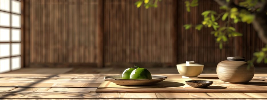 A wooden table serving as a plant stand showcases a bowl of apples and a bowl of pears, set against a backdrop of lush green grass and surrounded by hardwood flooring