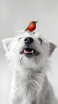 A happy white carnivore dog, possibly a Maltese breed, with a red bird perched on its head. The dogs ears perk up as it gazes contently at its feathered companion