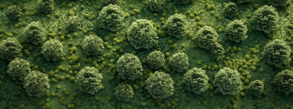 An aerial perspective of a vibrant green landscape featuring a variety of plants including trees, bushes, grass, and shrubs