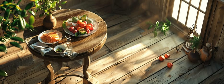 A wooden table adorned with plates of delicious food sits in a room, bringing together elements of nature and cuisine in an artful display of culinary creations