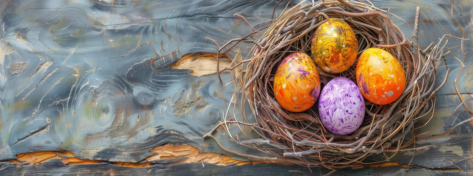 Three colorful easter eggs are nestled among twigs in a bird nest on a rustic wooden table, surrounded by hints of nature and springtime
