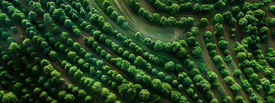 A terrestrial plantfilled landscape from an aerial view showcasing a lush green forest, with a pattern of dense plant life surrounding water sources