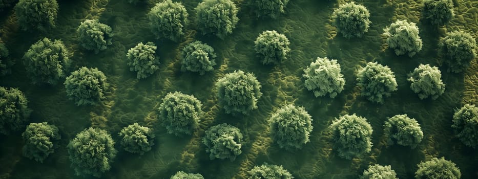 Aerial view of a forest with a dense canopy of terrestrial plants, trees, shrubs, and grass creating a beautiful green pattern in nature