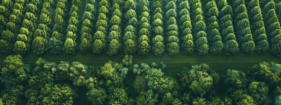 A view from above of a dense forest with lush green terrestrial plants, grass, and conifer trees. A river meanders through, creating a beautiful pattern in the landscape