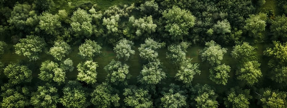 A birds eye view of a dense forest filled with a variety of terrestrial plants, trees, shrubs, and groundcover. The landscape is adorned with colorful flowers and lush greenery