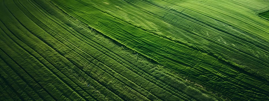 Aerial view of a dense, green wheat field in a grassland landscape. The pattern of the terrestrial plant creates a beautiful macro photography shot
