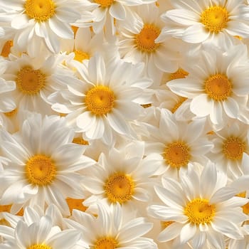 A Lot Of White Yellow Daisies or chamomile flowers - for full-frame background and seamless texture. Neural network generated image. Not based on any actual scene or pattern.