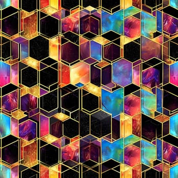 Seamless texture and full-frame background of colorful glass mosaic honeycomb hexagonal tiles. Neural network generated image. Not based on any actual scene or pattern.