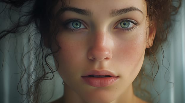 Oil Paint Portrait of Young Caucasian Beautiful Woman with Blue Eyes and Brown Curly Hair. Close Up. Wallpaper. Horizontal AI Generated. High quality