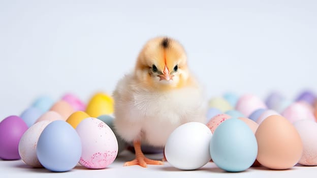 An adorable fluffy yellow baby chick stands in front of a pile of colorful Easter eggs. The chick is looking at the camera with a curious expression. It is isolated on a white background.