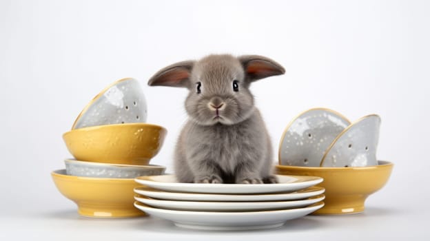 A cute gray bunny with long ears surrounded by stacks of yellow and gray ceramic bowls and plates on a white background. The bunny looks directly at the camera with curiosity and innocence.
