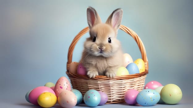 A fluffy white rabbit with long ears in a basket surrounded by Easter eggs on a blue background. Curious expression, vibrant colors. Ideal for Easter or spring projects.